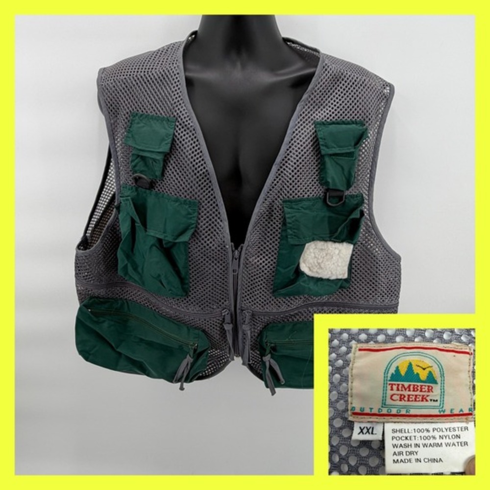 Timber Creek Outdoor Wear Fishing Vest XXL Gray Mesh Green‎ Multi-Pocket Utility